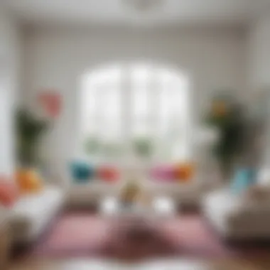 Bright living room featuring white furniture and colorful accents