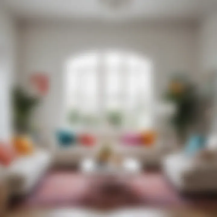 Bright living room featuring white furniture and colorful accents