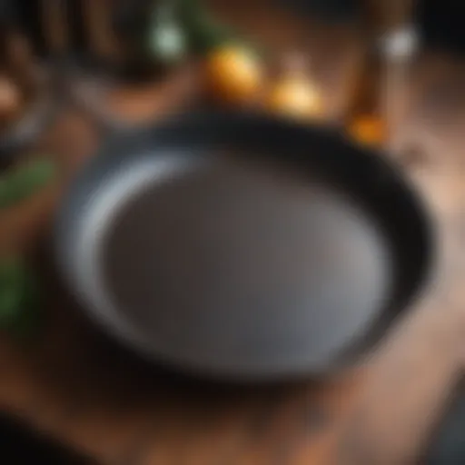 Close-up of a well-seasoned cast iron skillet showcasing its rich patina