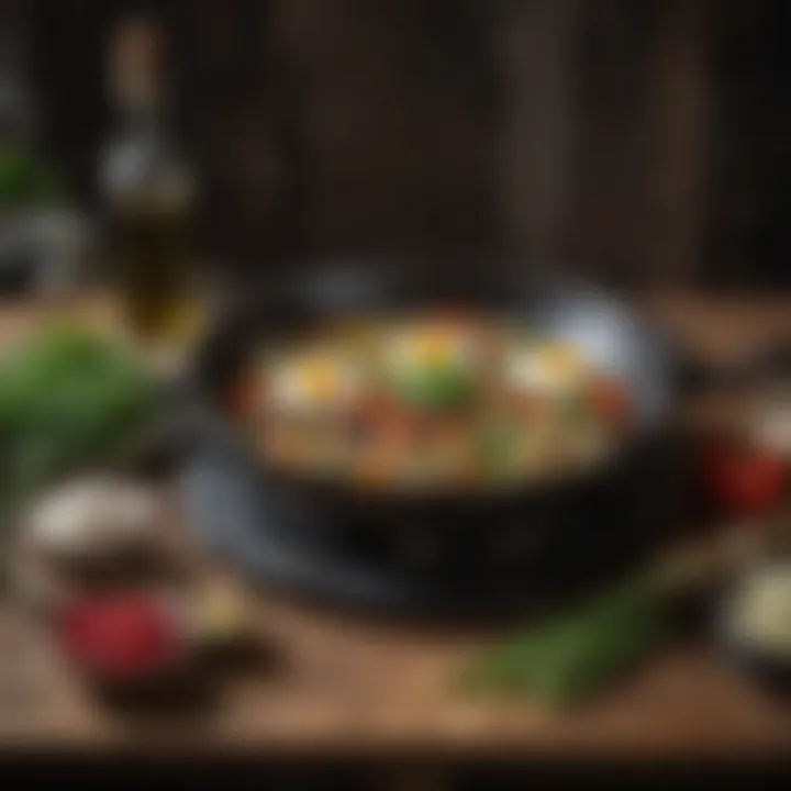A cast iron skillet on a rustic wooden table surrounded by fresh ingredients
