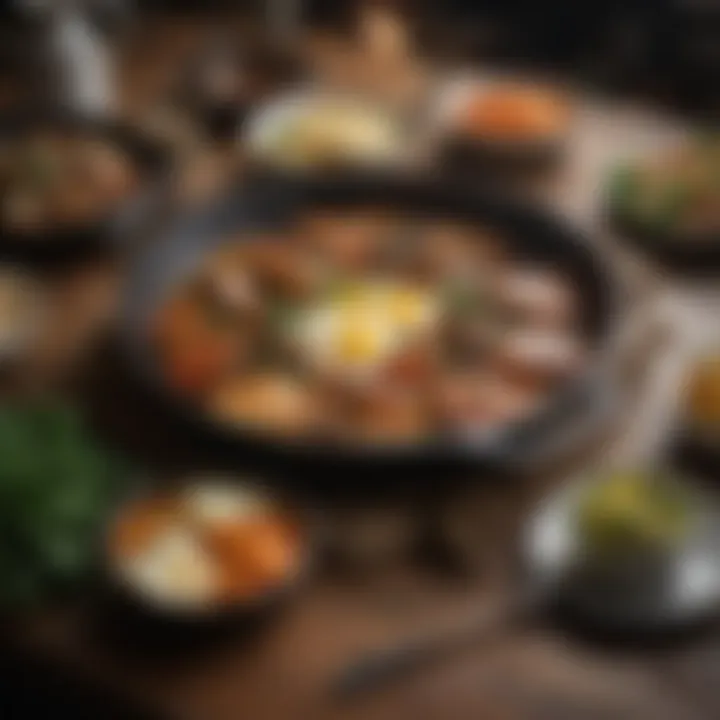 An assortment of dishes cooked in a cast iron skillet displayed elegantly