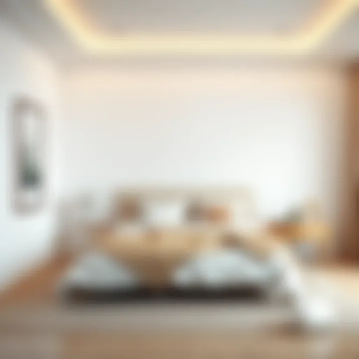 A serene bedroom with a beige bed and neutral tones