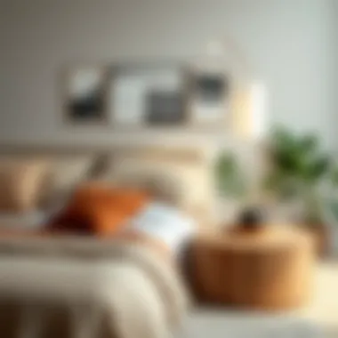Beige bed styled with complementary decor elements
