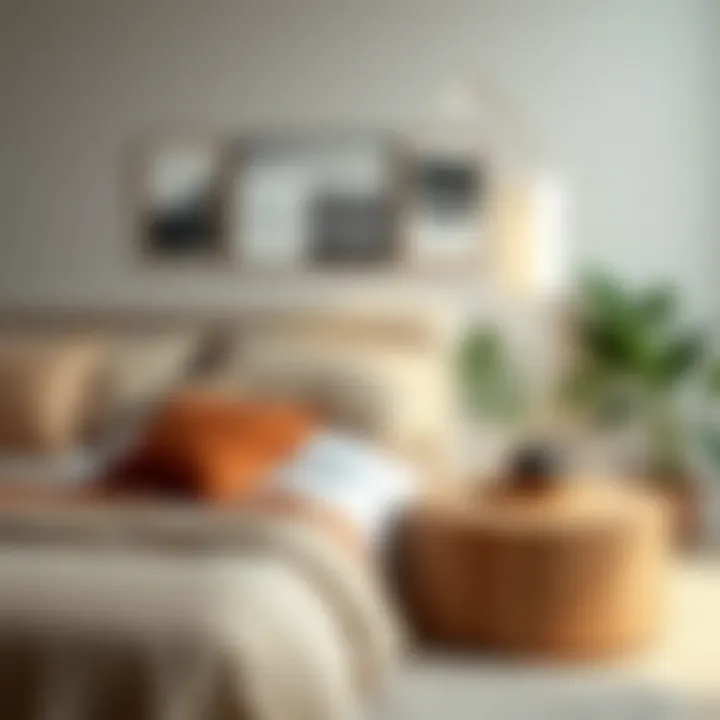 Beige bed styled with complementary decor elements