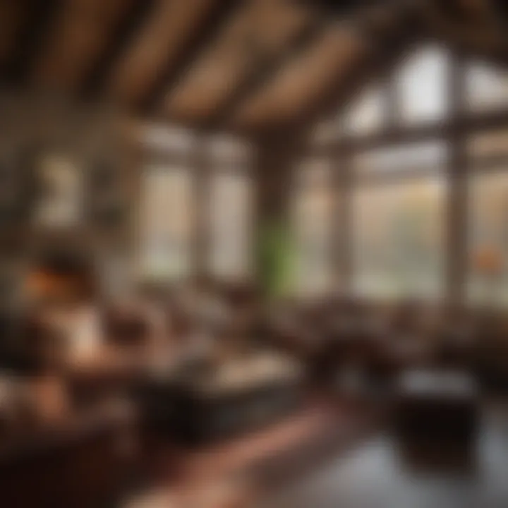 Cozy three-season room with rustic elements and comfortable furnishings