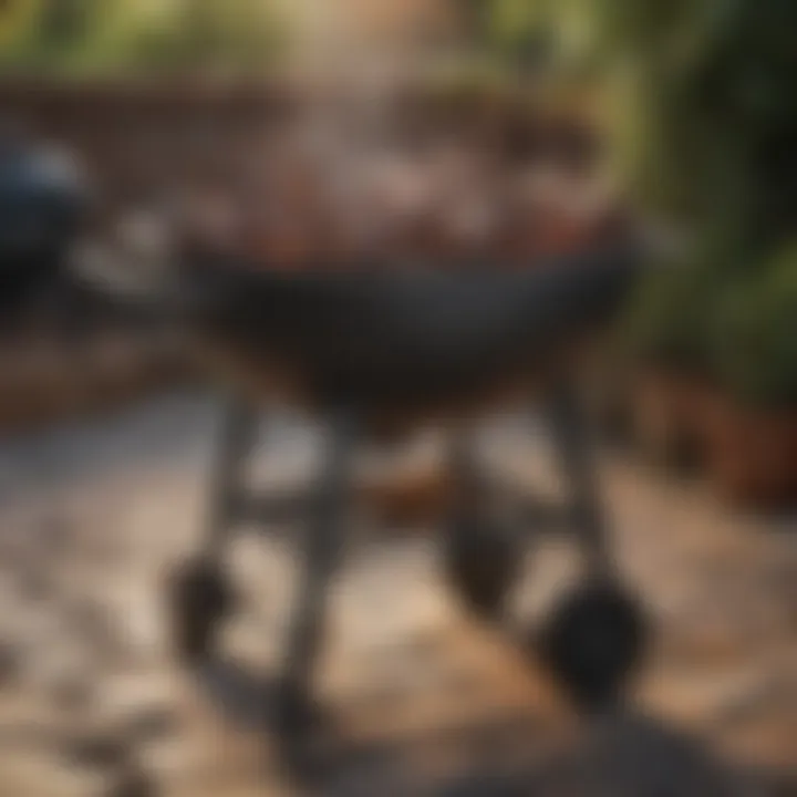 A traditional charcoal grill with glowing embers and a rustic patio