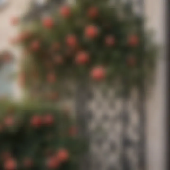 A close-up view of climbing roses thriving on a metal trellis, highlighting their intricate petals.