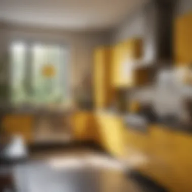A modern kitchen with striking yellow decor