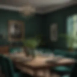Elegant dining room with deep green accents