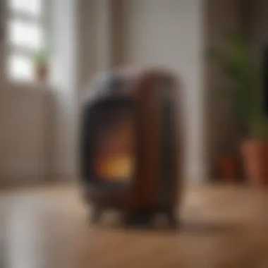 A cozy room with a ceramic space heater in use.