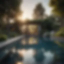 A luxurious backyard swimming pool with elegant landscaping