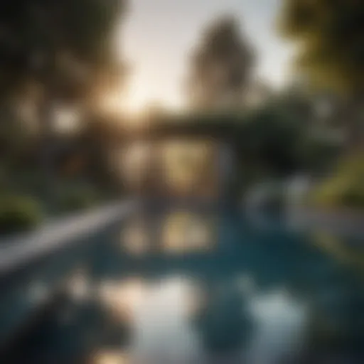 A luxurious backyard swimming pool with elegant landscaping