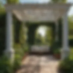 Elegant pergola with a lattice top surrounded by lush greenery
