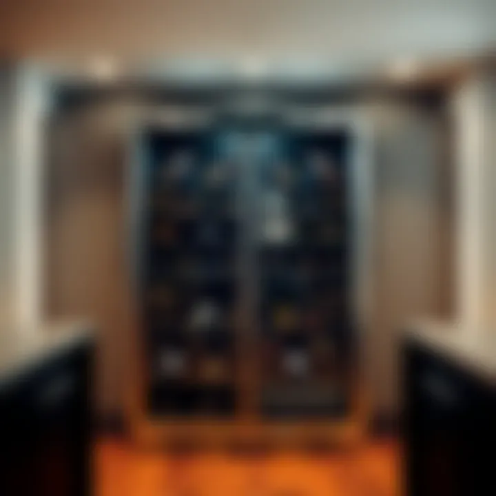 Interior layout of the wine cooler with various wine bottles