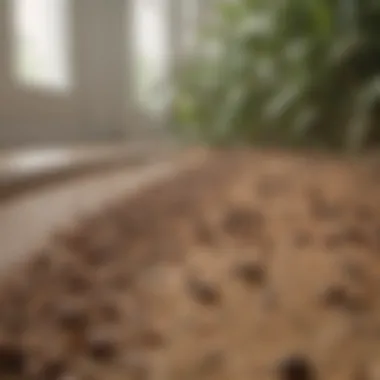 Close-up view of an ant trail leading to a food source in a home.