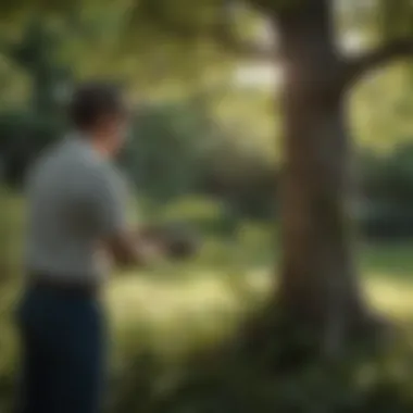 A gardener examining the leaves of a tree for signs of disease or nutrient deficiency.