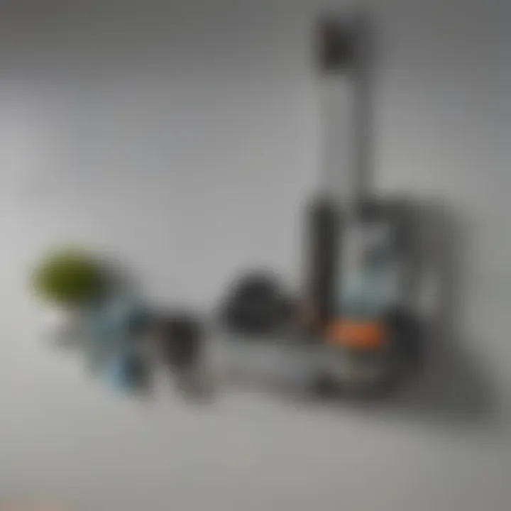 Close-up of Shark cordless vacuum accessories neatly organized on a wall-mounted holder.