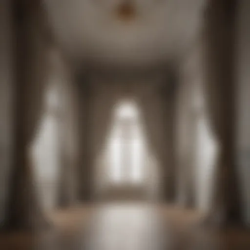 Elegant drapery cascading from a vaulted ceiling