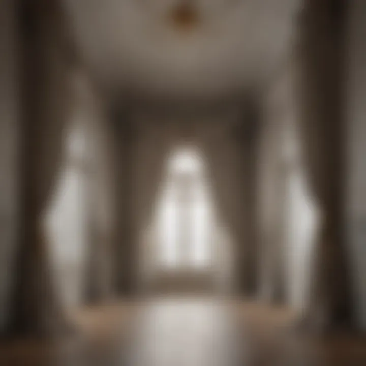 Elegant drapery cascading from a vaulted ceiling