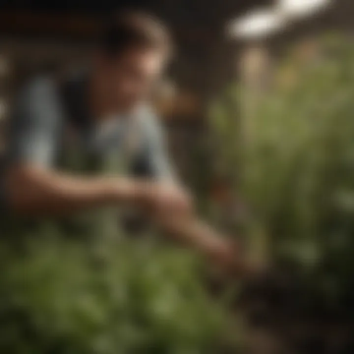 Gardener examining plant growth during spring season